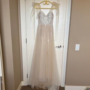 Embroidered Tulle A-Line Dress in Blush